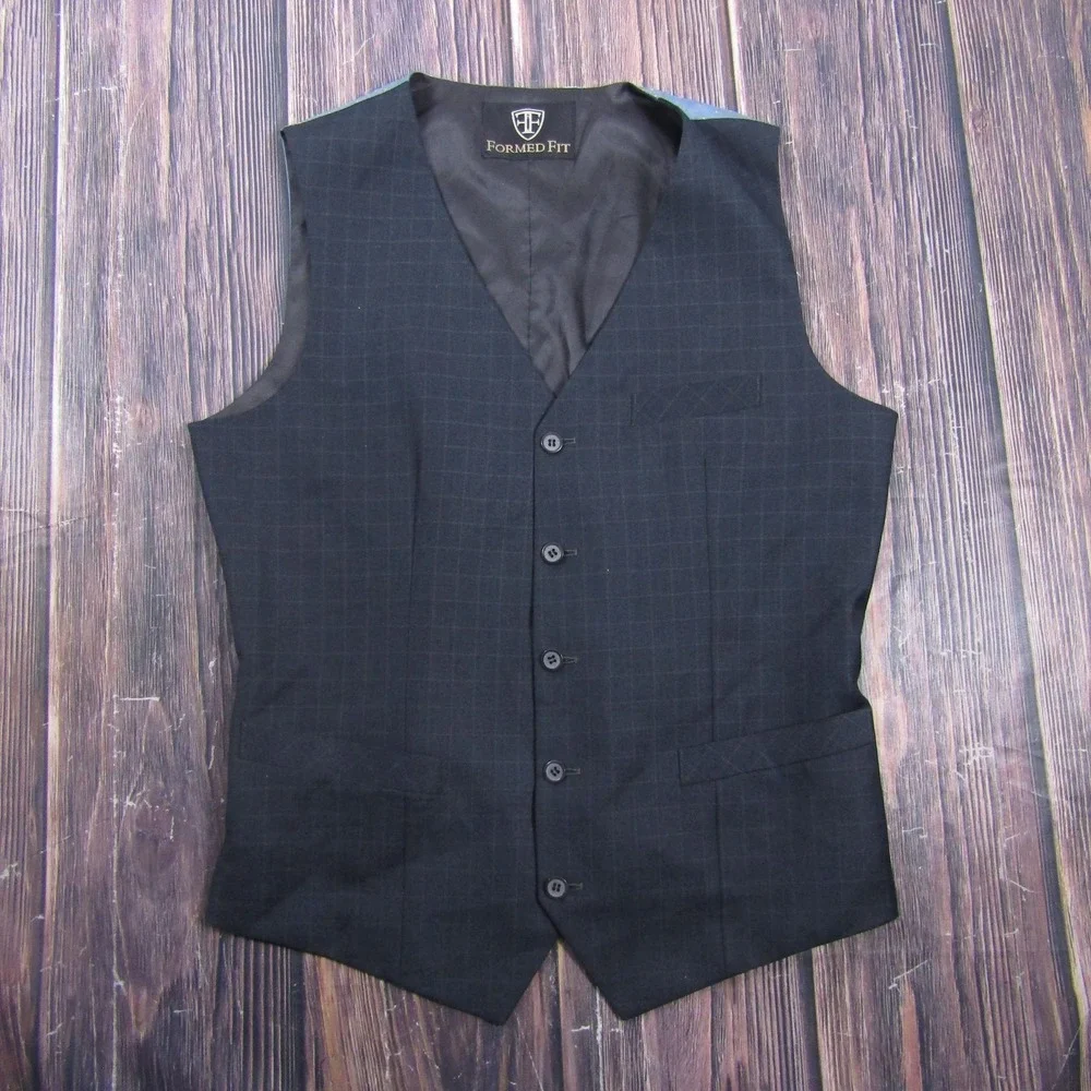 Suit Vest‎ Formed Fit Mens 40 Black Check Polyester Slim 3 Piece Belted Formal